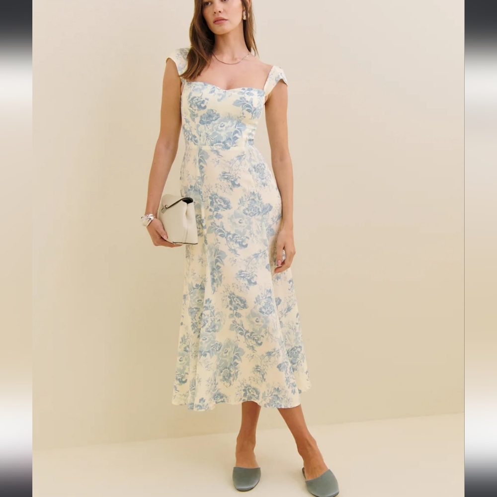 Reformation Foral Blue and Cream Midi Dress